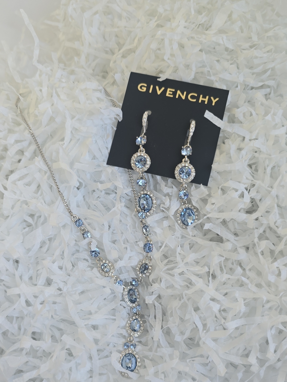 Givenchy Silver-Tone Necklace and Drop Earrings with Light Blue Crystals